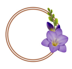 Realistic violet freesia, the symbol of love and trust, circle frame.