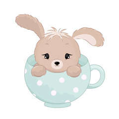 Cute baby boy rabbit inside the cup. Pastel colors vector illustration.