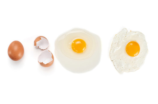Different condition of egg: raw, broken and fried
