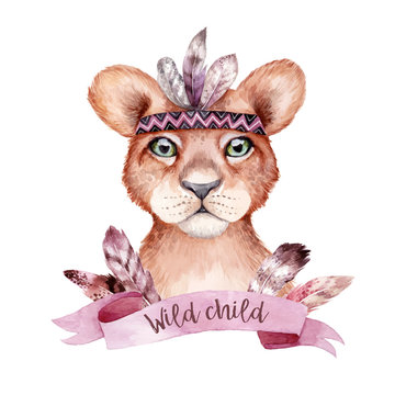 Cute wild boho animal. Lion portrait with feathers. Watercolor illustration, perfect for nursery room poster