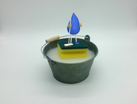 Foto von Eimer mit Wasser und Putzschwamm kombiniert mit 3d Charakter eines Tropfenmännchens mit Besen. 3d illustration