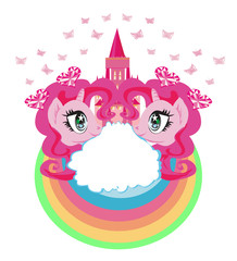 Cute unicorns and fairy-tale princess castle © diavolessa
