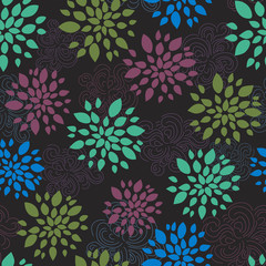 Decorative beautiful floral seamless pattern, abstract seamless texture with doodle flowers and leaves on black background. 