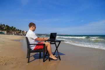 Business Man Working on Tropical Beach