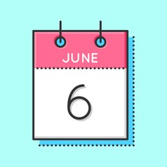 Vector Calendar Icon. Flat and thin line vector illustration. Calendar sheet on light blue background. June 6th