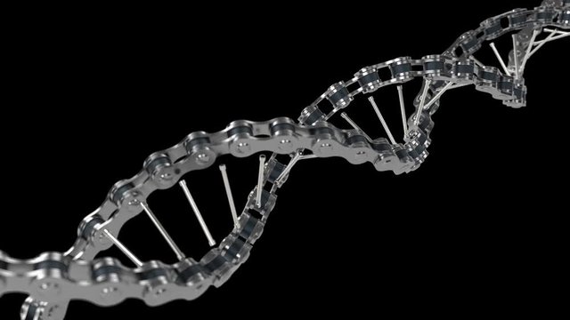Metal DNA chain rotating on screen, robot, cyborg, AI, futuristic DNA concept