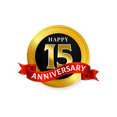 Happy 15 years golden anniversary logo celebration with ring and ribbon.