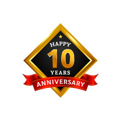 Happy 10 years golden anniversary logo celebration with diamond frame and ribbon.