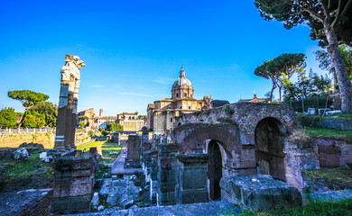 Ancient ruins of Forum in a summer day in Rome, Italy