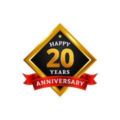Happy 20 years golden anniversary logo celebration with diamond frame and ribbon.