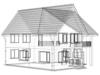 Wireframe blueprint drawing of 3D house - Vector illustration.