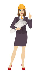 Businesswoman in construction helmet holding the project plans and pointing up