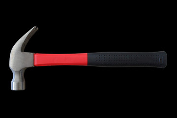 A hammer with a claw-hammer with a rubberized handle. Close-up. Isolated on a black background. The cut out object.