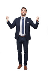 Happy successful caucasian businessman with toothy smile enjoying win isolated