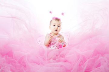Obraz na płótnie Canvas Baby Girl in Pink Dress, Beautiful Child Portrait, Cute Infant Kid Dressed in Fairy Butterfly Costume