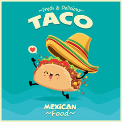 Vintage Mexican food poster design with vector taco character. - obrazy, fototapety, plakaty