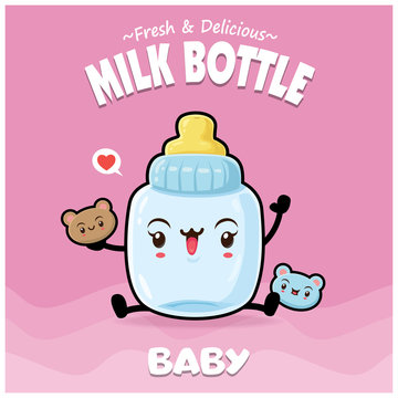 Vintage baby poster design with vector milk bottle character.