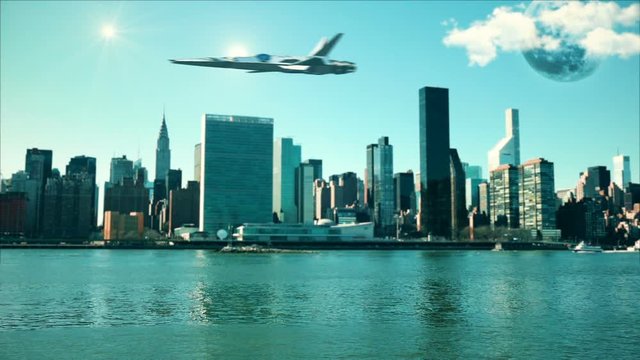 Alien spaceships flying over East River, futuristic New York City, science fiction scene