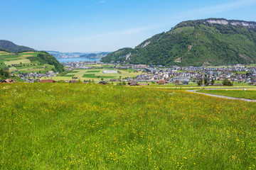 Fototapeta na wymiar Springtime view from the foot of Mt. Stanserhorn in the Swiss canton of Nidwalden, buildings of the town of Stans and Lake Lucerne in the background