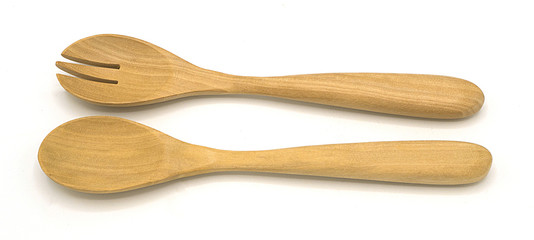 natural wooden spoon, fork (couple) isolated on white background for scooping the food, eating or mix herbles. It put in the kitchen