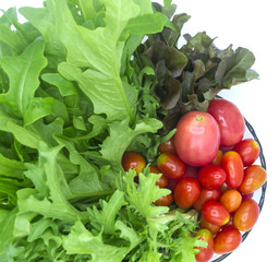 fresh organic of colorful mix vegetables isolate on white background, green and red lettuce, mizuna lettuce, cherry tomato, ingredients are preparing in the blow for cooking, healty