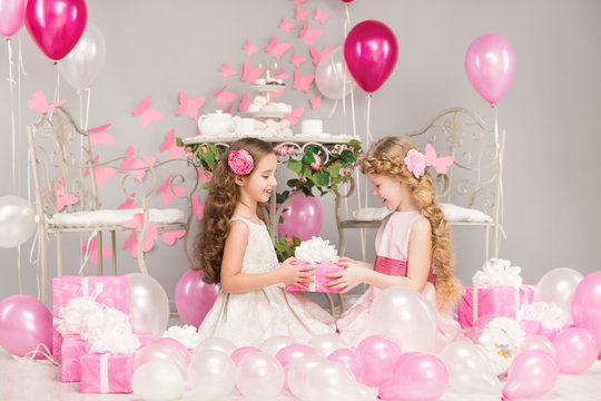 Children Birthday Party, Girl Giving Present Gift Box, Pink Balloons Decoration, Happy Kids Celebrating Holiday