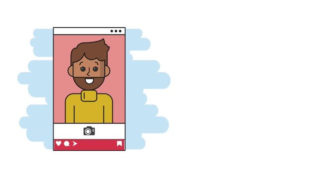 Young man talking from social network with blank speech bubble High definition colorful animation scenes