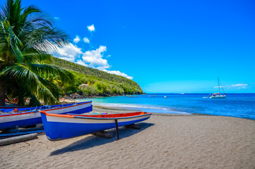 Caribbean Martinique beach beside traditional fishing boats - obrazy, fototapety, plakaty