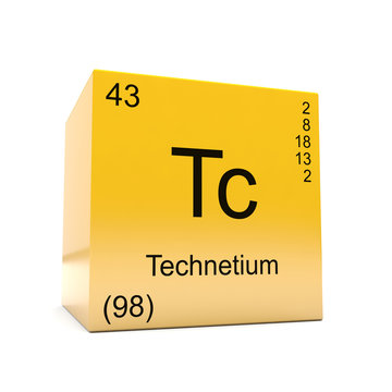Technetium chemical element symbol from the periodic table displayed on glossy yellow cube