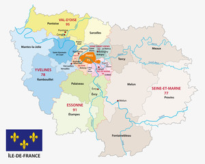 ile de france administrative and political vector map with flag
