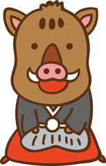 年賀素材：紋付き袴を着たかわいいイノシシのイラスト