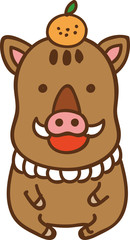 年賀素材：みかんをのせて鏡もちっぽいイノシシのイラスト素材