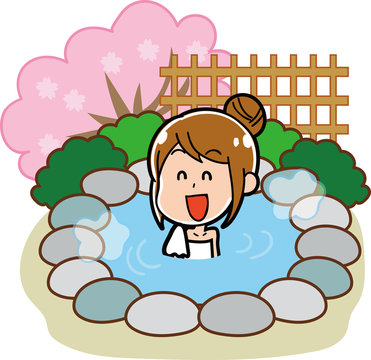 露天風呂・温泉に入る女性のイラスト素材（春）