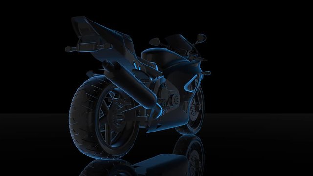 Rotating motorcycle. Black and blue shine Formation of Model motorcycle 360 Degree. Looping Motion Animated Background.