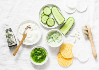 Calming cucumber yogurt mask. Ingredients for homemade cucumber face mask-cucumber, natural yogurt,...