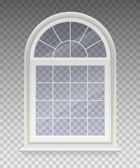 Closed arched window with transparent glass in a white frame. Isolated on a transparent background. Vector
