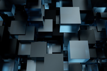 Abstract 3d rendering of chaotic cubes. Flying shapes in empty space. Futuristic background