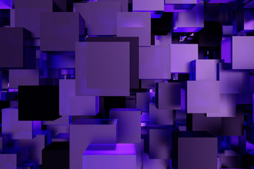 Abstract 3d rendering of chaotic cubes. Flying shapes in empty space. Futuristic background