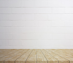 Wooden table mockup for you with white big brick texture background.
