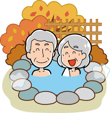 露天風呂・温泉に入る老夫婦のイラスト素材（秋）