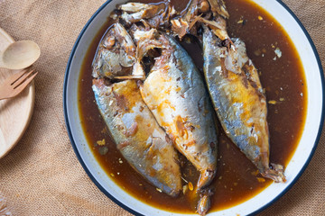 Boiled mackerel fish in soy sauce
