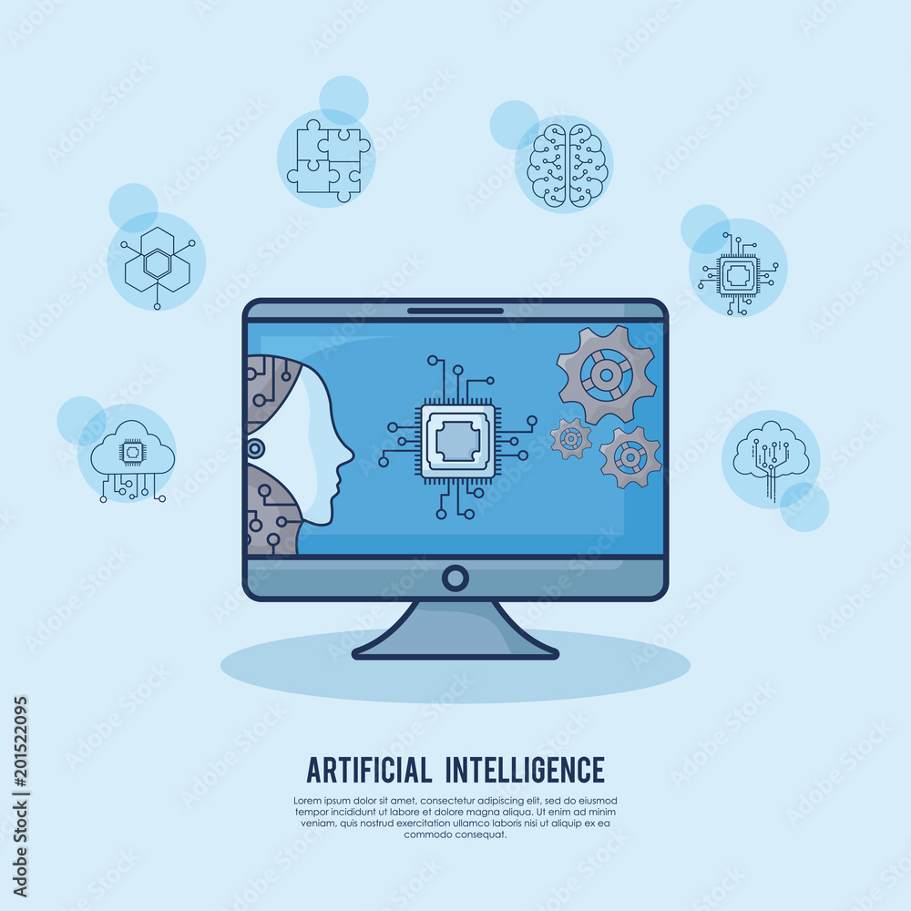 Poster artificial intelligence design with computer and related icons over blue background, colorful design