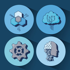 Icon set of Artificial Intelligence concept over colorful circles and blue background, colorful design vector illustration