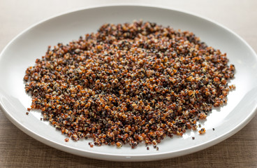 Cooked Red and Black Quinoa mixed. Meal on white dish and wooden table. Detail of meal, closeup, selective focus.