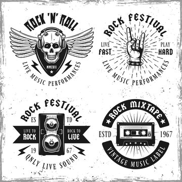 Set of four rock music vector emblems or labels