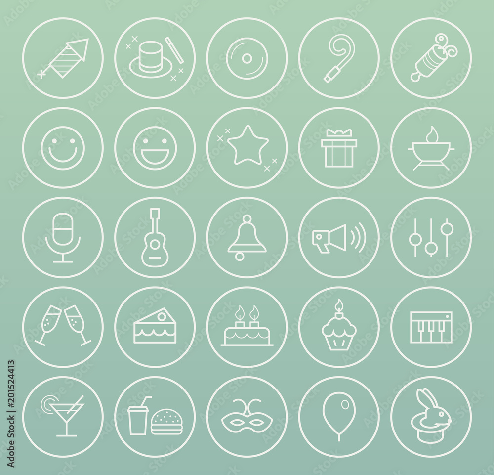 Poster set of quality universal standard minimal simple white thin line party and birthday icons on circles