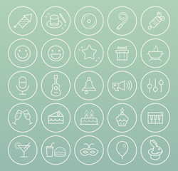 Fototapeta premium Set of Quality Universal Standard Minimal Simple White Thin Line Party and Birthday Icons on Circles on Color Background 