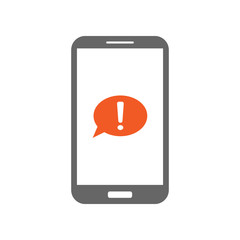 Speech bubble with exclamation point on smartphone screen. Important message icon. Vector.