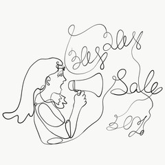 The girl announces the discount, the drawing is made by one long line