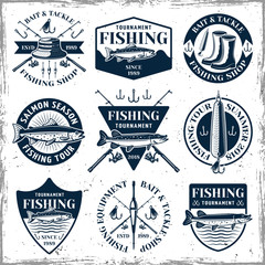 Fototapeta premium Fishing set of nine vector vintage emblems